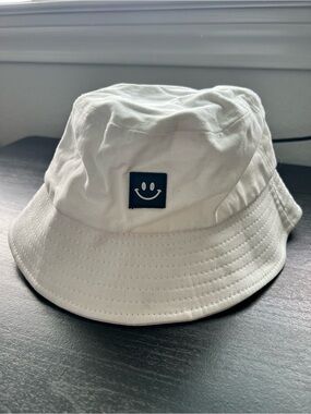 White Bucket Hat with Smiley Patch
